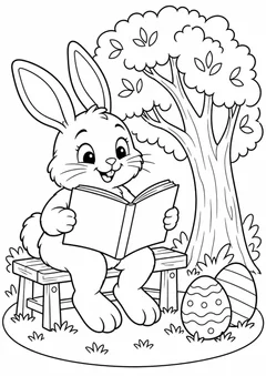 Coelho da Páscoa lendo no banquinho para colorir