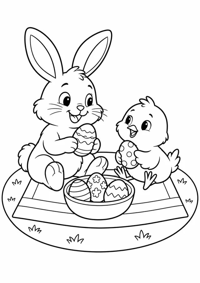Coelho e pintinho no piquenique de Páscoa para colorir