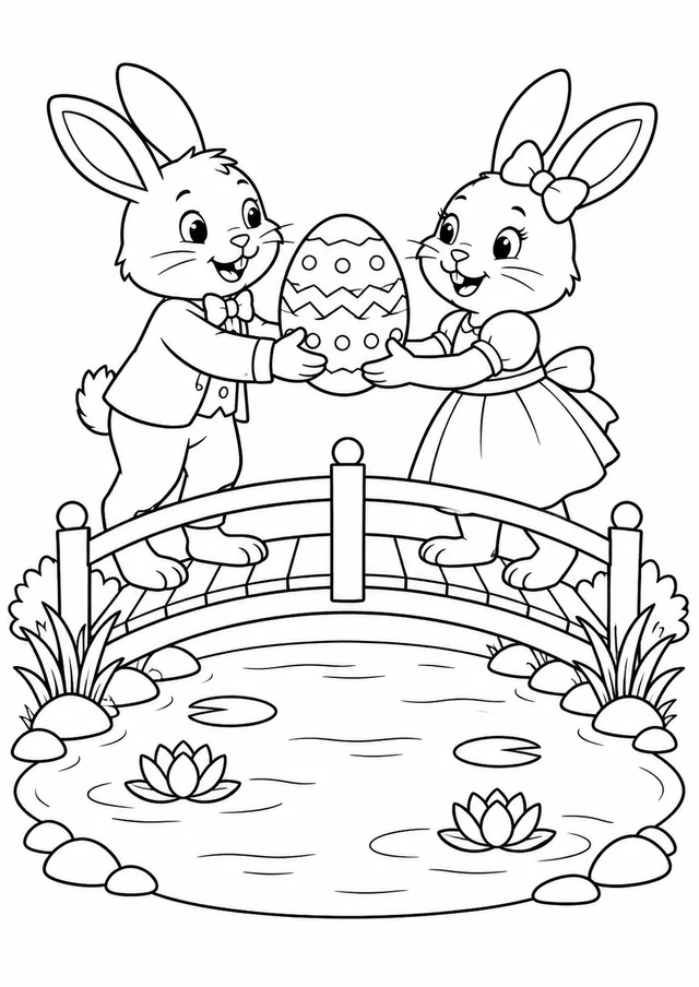 Coelhos trocando ovos na ponte para colorir