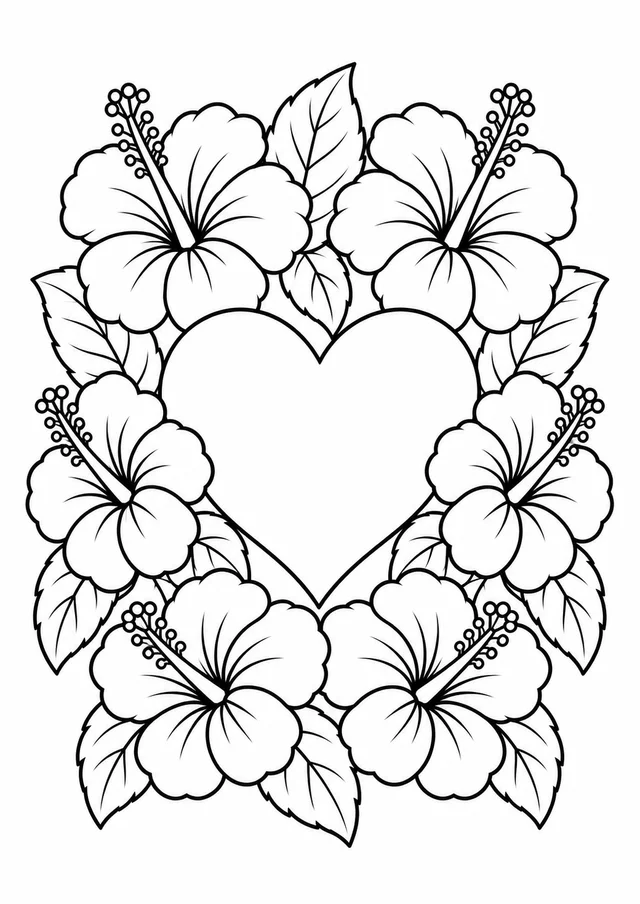 Coração com hibiscos para a mamãe para colorir
