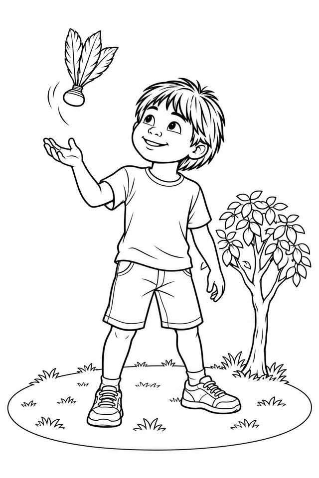 Criança indígena brincando com peteca para colorir