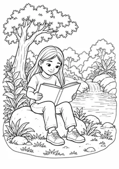 Criança indígena lendo junto ao rio para colorir