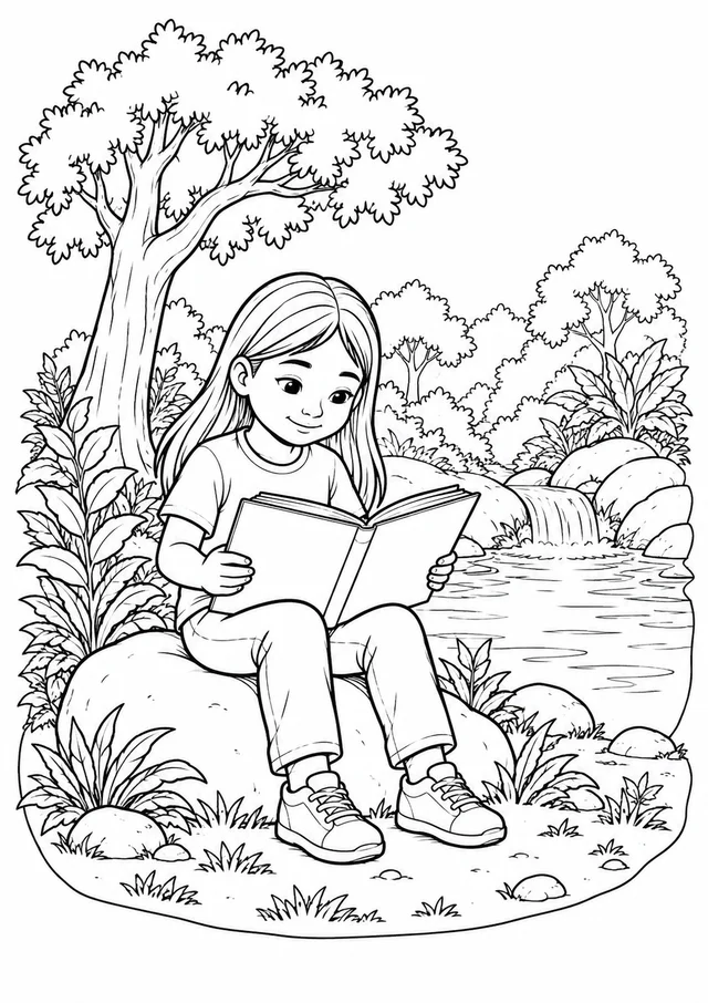 Criança indígena lendo junto ao rio para colorir