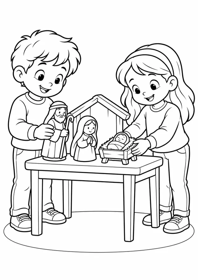 Crianças montando um presépio para colorir