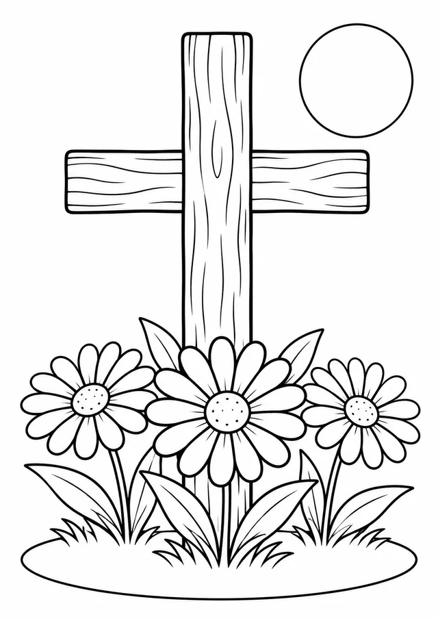 Cruz com flores e sol nascente para colorir