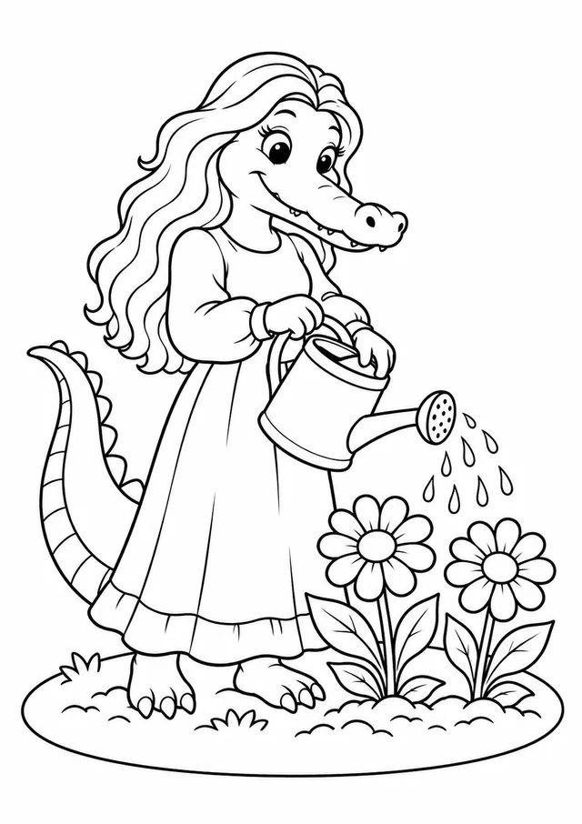 Cuca cuidando das flores para colorir