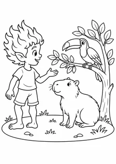 Curupira com os animais da mata para colorir