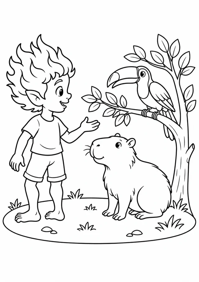 Curupira com os animais da mata para colorir