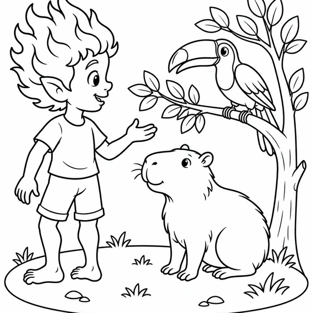 Curupira com os animais da mata para colorir