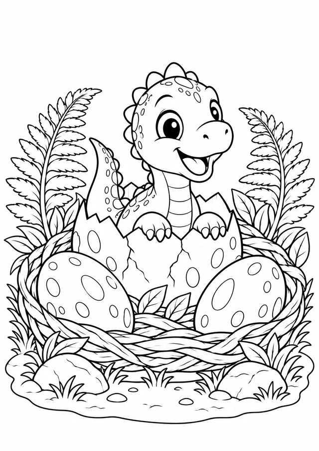 Dinossauro bebê em ninho com três ovos para colorir