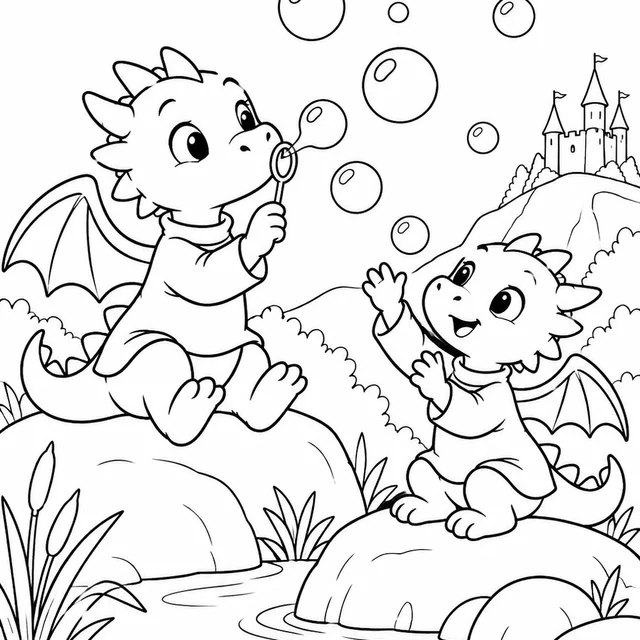 Dois dragõezinhos soltando bolhas para colorir