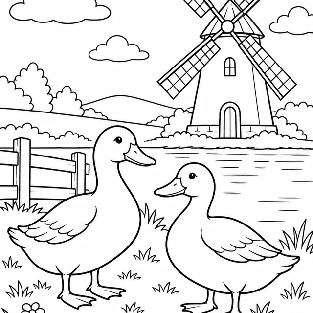 Dois patos junto a um moinho para colorir