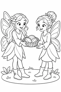 Duas fadas compartilhando sementes para colorir