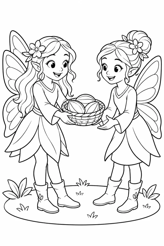 Duas fadas compartilhando sementes para colorir