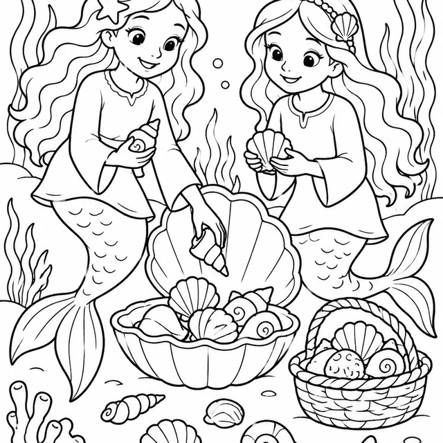 Duas sereias organizando conchas para colorir