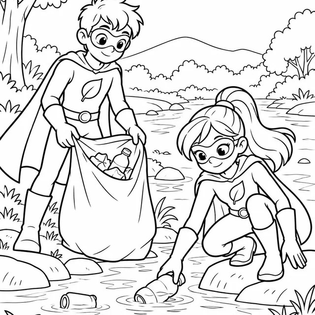 Dupla de heróis originais limpando um rio para colorir