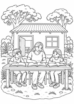 Escola da aldeia junto à floresta para colorir