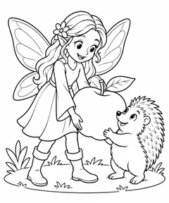 Fada ajudando um ouriço a carregar uma maçã para colorir
