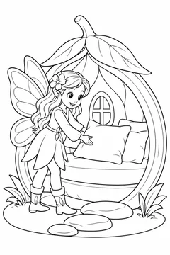 Fada arrumando almofadas numa casinha de semente para colorir