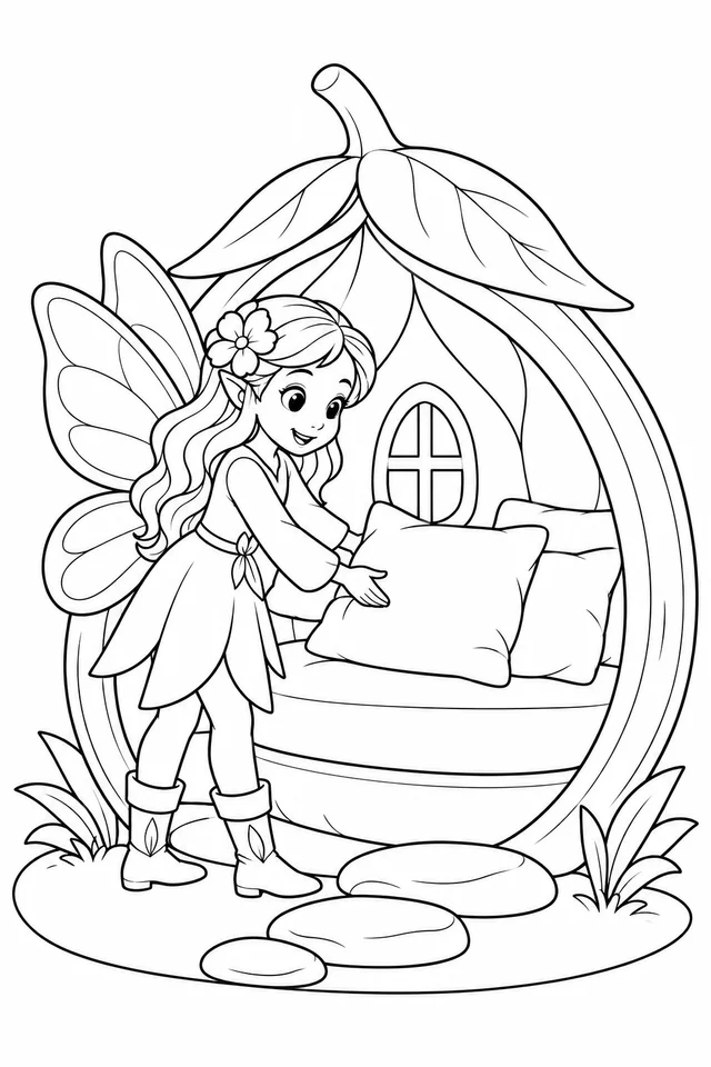 Fada arrumando almofadas numa casinha de semente para colorir