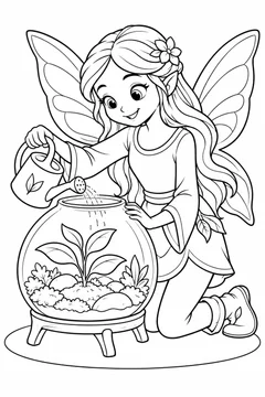 Fada cuidando de um broto num terrário para colorir