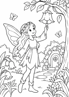 Fada tocando sino de flor para colorir