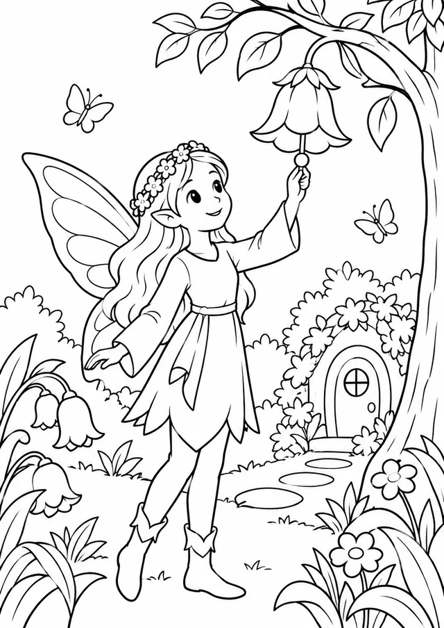 Fada tocando sino de flor para colorir