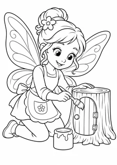 Fada pintando uma porta de árvore para colorir