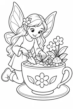 Fada preparando um jardim numa xícara para colorir
