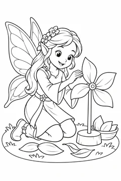 Fada preparando um pequeno moinho de pétalas para colorir