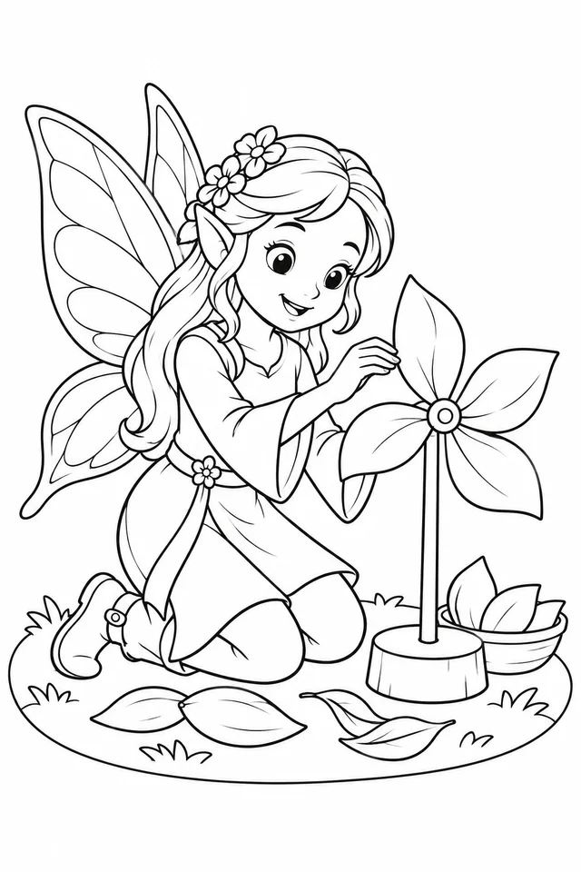Fada preparando um pequeno moinho de pétalas para colorir