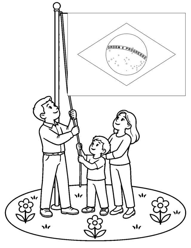 Família hasteando a bandeira no quintal para colorir