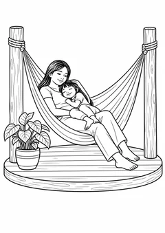 Família indígena descansando na rede para colorir