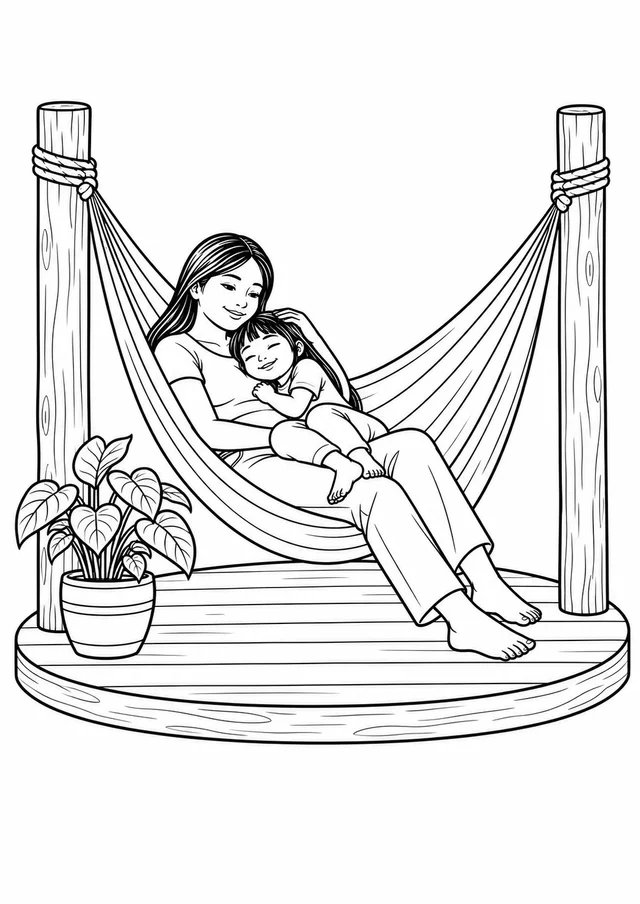 Família indígena descansando na rede para colorir