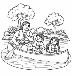 Família indígena em passeio de canoa para colorir