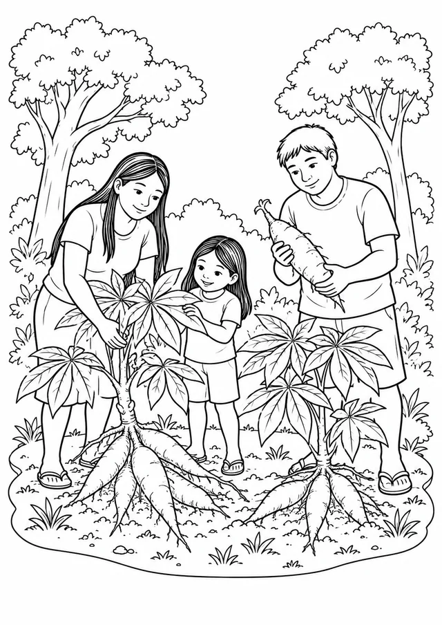 Família indígena na roça de mandioca para colorir