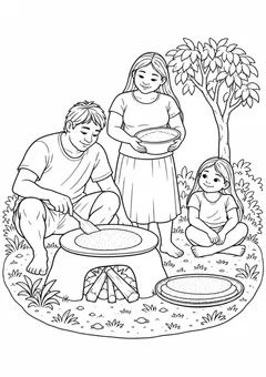 Família indígena preparando beiju para colorir