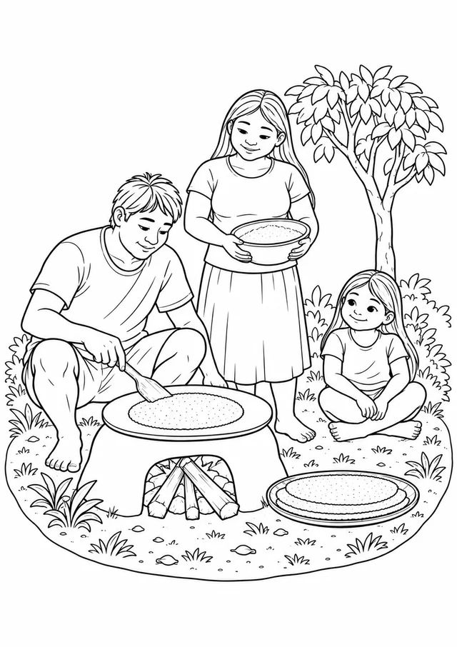 Família indígena preparando beiju para colorir