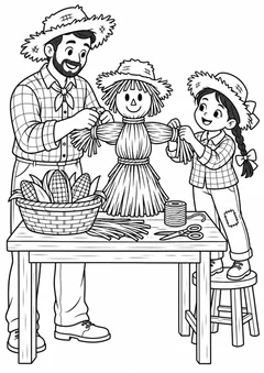 Família montando boneco de milho para colorir
