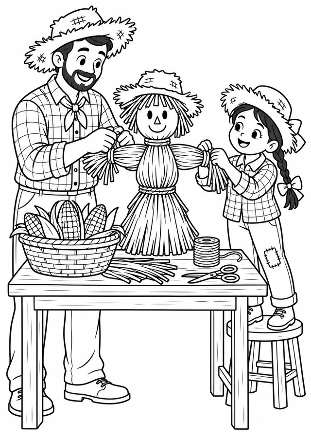 Família montando boneco de milho para colorir