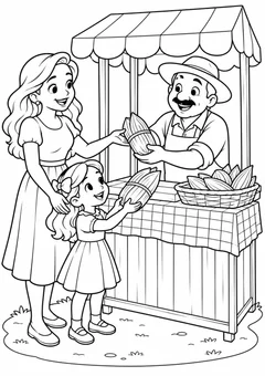 Família na barraca de pamonha para colorir