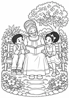 Família negra lendo no jardim para colorir