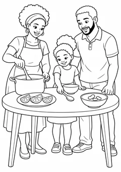 Família negra preparando feijoada para colorir