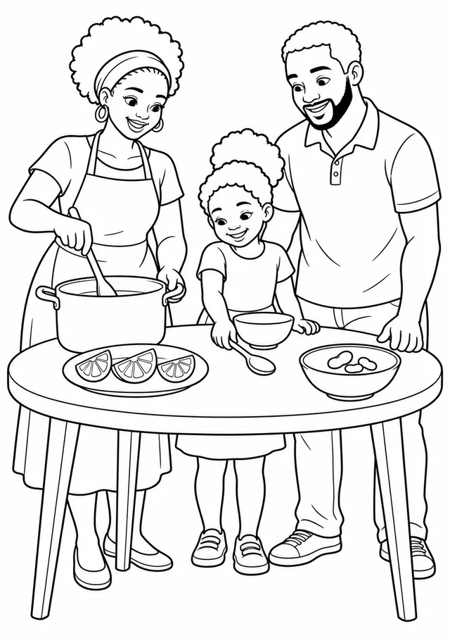 Família negra preparando feijoada para colorir