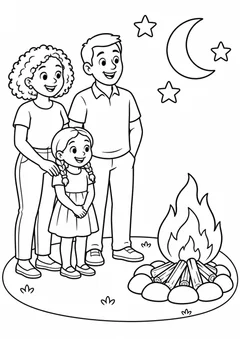 Família observando a fogueira junina para colorir