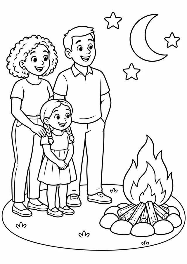 Família observando a fogueira junina para colorir