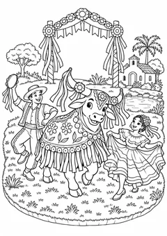 Festa com boi e dançarinos para colorir