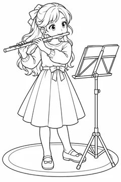 Garota ensaiando uma apresentação de flauta em estilo anime para colorir