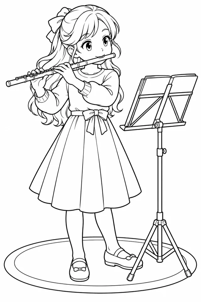 Garota ensaiando uma apresentação de flauta em estilo anime para colorir