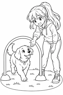 Garota guiando um cachorro por um circuito em estilo anime para colorir